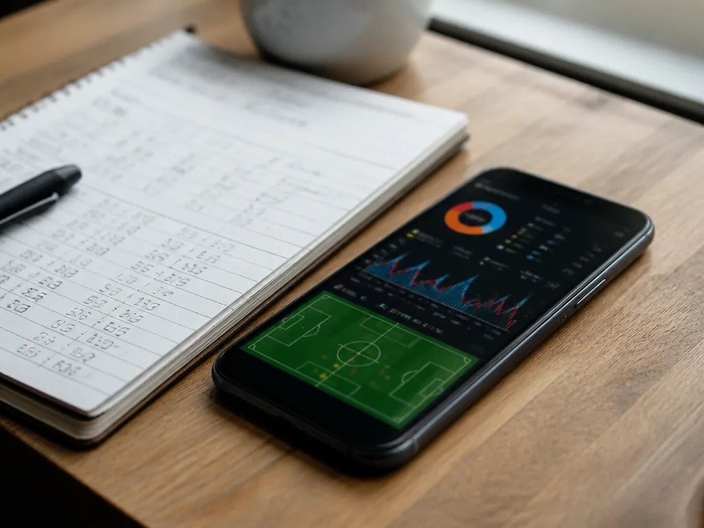 Smartphone med sportodds-data på skärm bredvid noteblock med statistik på ett träskrivbord
