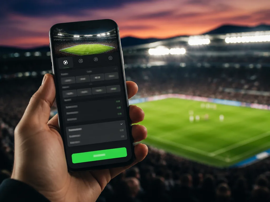 Hand som håller en smartphone med en bettingapp och en grön bekräfta-knapp, med en fotbollsplan och strålkastare i bakgrunden