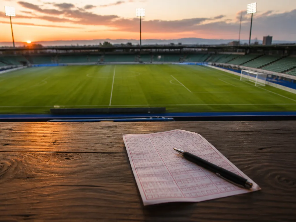 Fotbollsplan sedd uppifrån i kvällsljus med tomma läktare och strålkastare