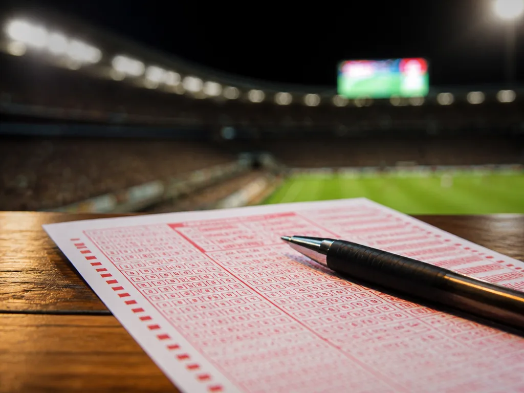 Sportbettingkupong och penna på ett träbord med en oskarp läktartavla i bakgrunden