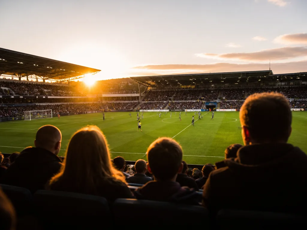 Fotbollsmatch på stadion i gyllene kvällsljus med spelare på grön plan och läktarplatser i förgrunden