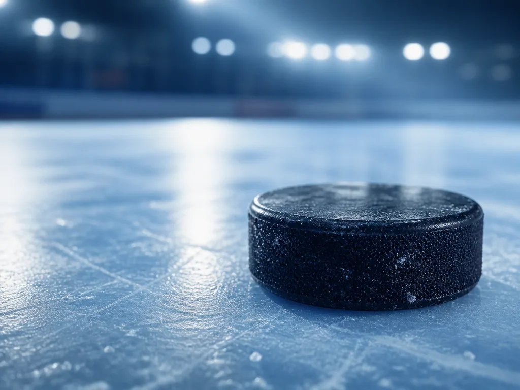 Ishockeypuck på is med stadionbelysning i bakgrunden – symbol för hockey odds idag