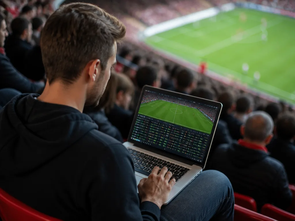 Sportsfan tittar på livematch på laptop med liveodds på skärmen och stadionkänsla i bakgrunden