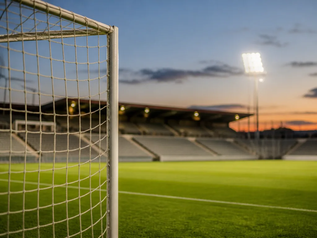 Fotbollsmål på en tom gräsplan med strålkastarljus i skymningen