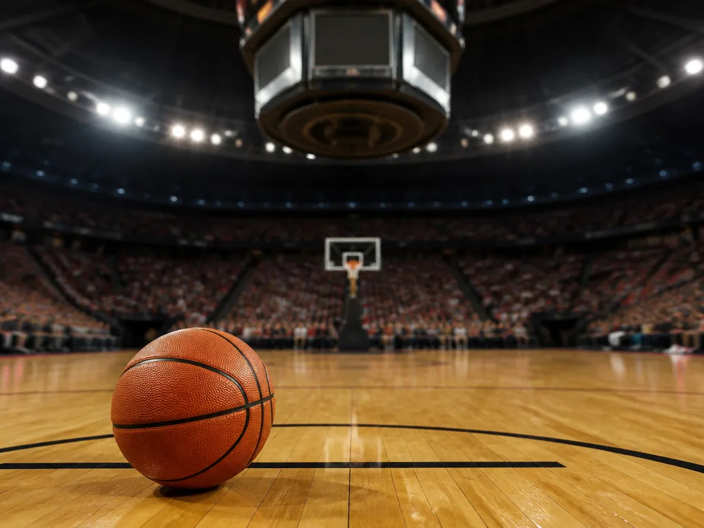 Basketplan med korg och läktare i en NBA-arena under matchbelysning