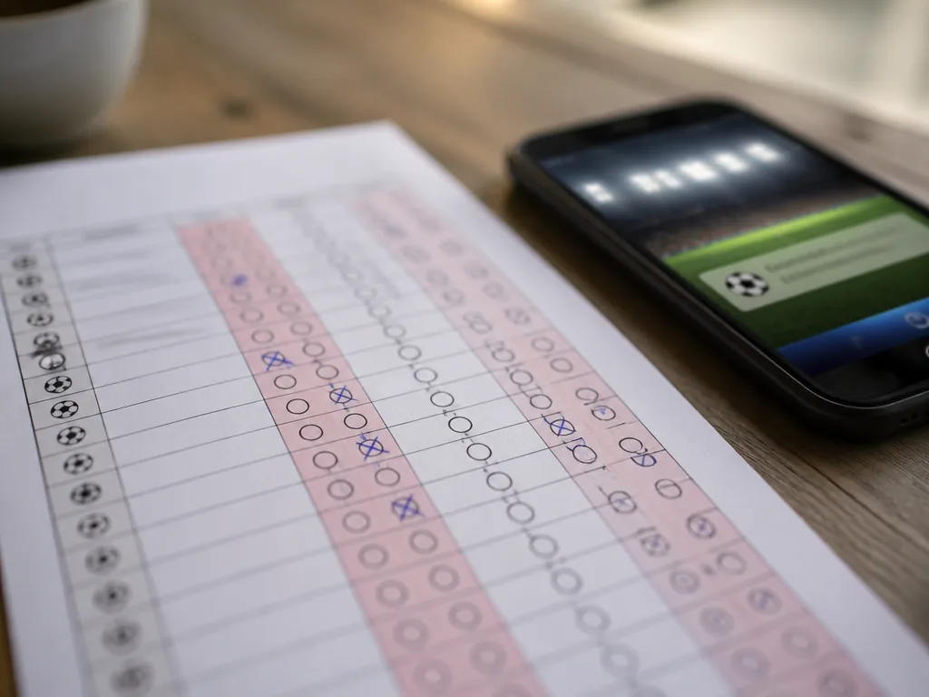 Sportbettingkupong med flera matcher och en mobiltelefon som visar liveresultat på ett bord