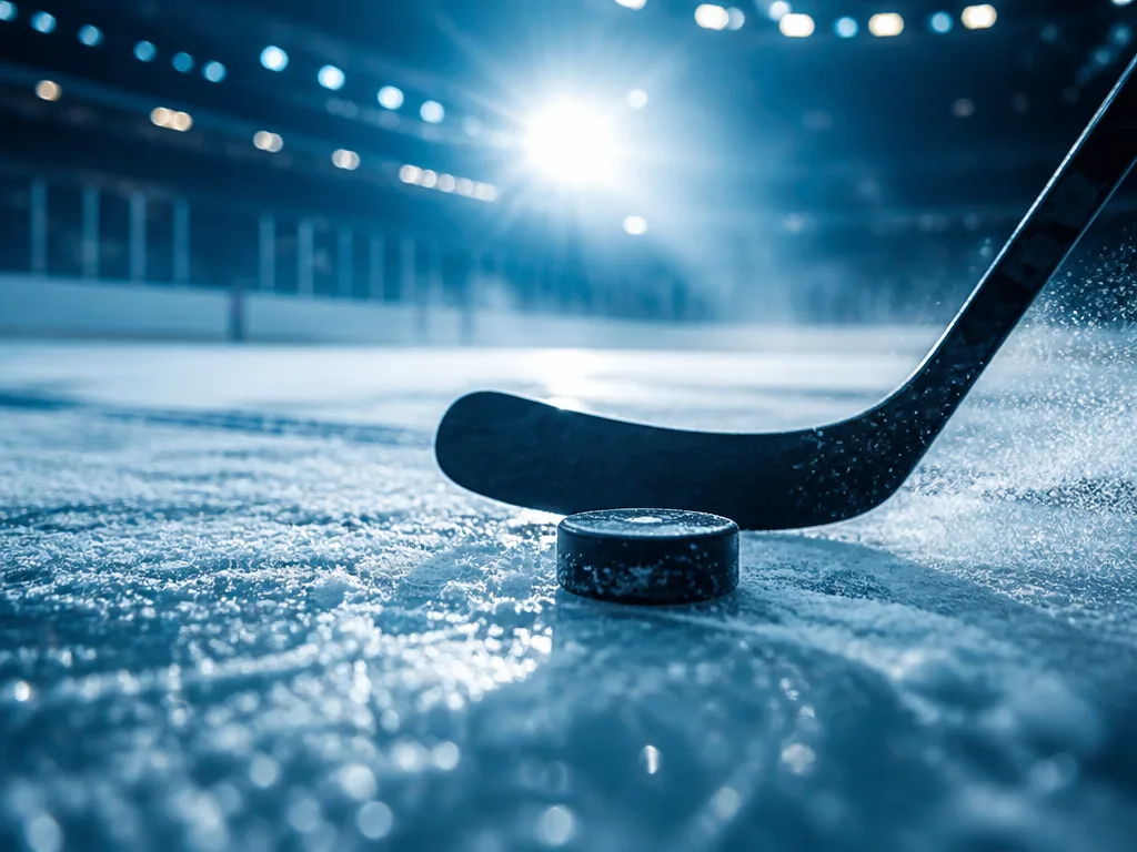 Hockeypuck och klubba på nyzamboad is med dramatisk blå arenabelysning