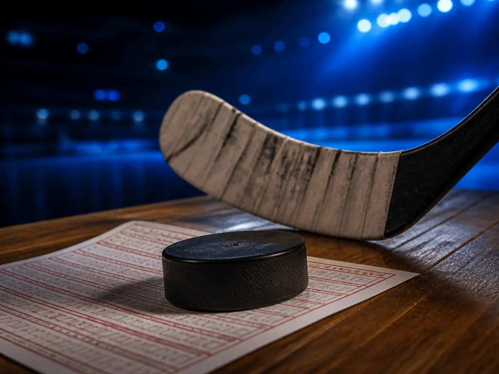 Hockeypuck och klubba på en spelkupong med dramatisk blå arenabelysning i bakgrunden