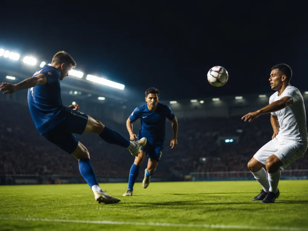 Fotbollsmatch på kvällsplan med stadionbelysning och spelare i aktion kring bollen