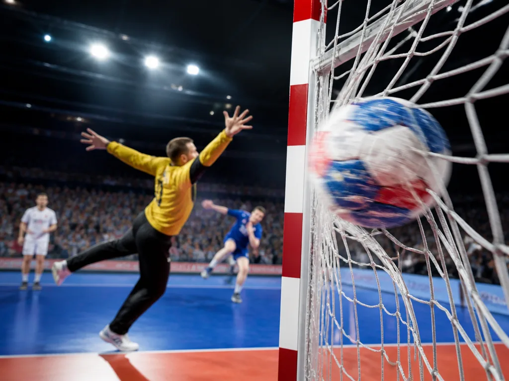 Handboll på väg mot mål på en inomhusplan med dramatisk arenabelysning
