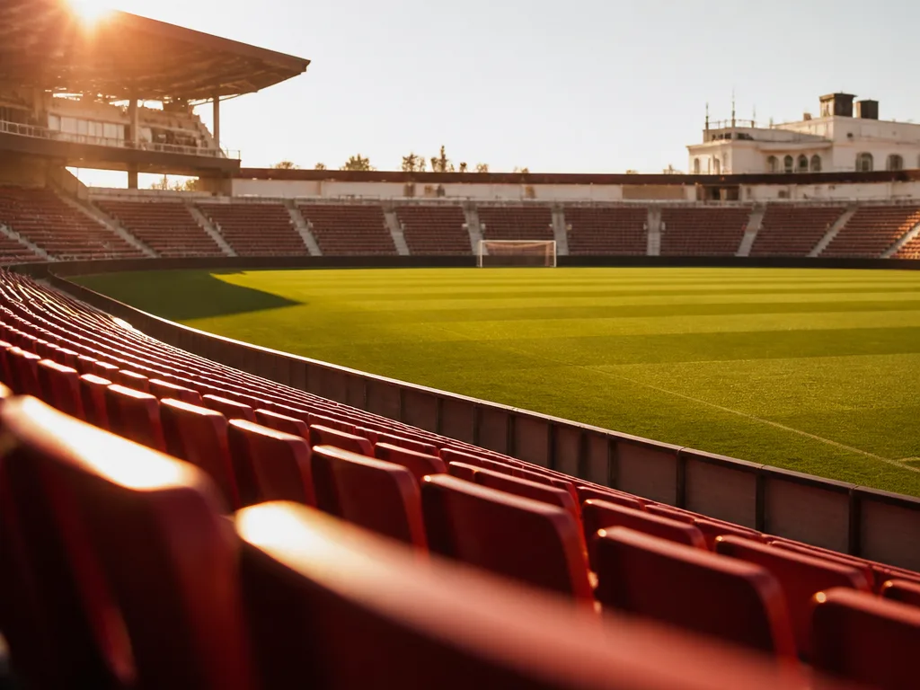 Solbelyst spansk fotbollsarena med tom läktare och grön plan