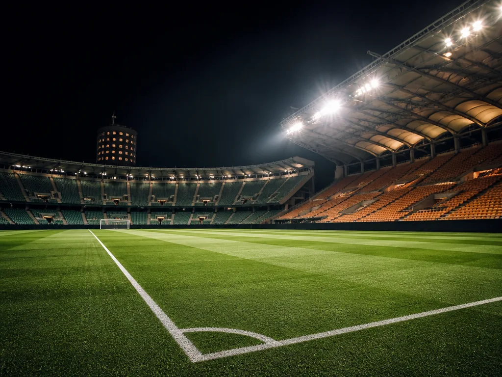 Flodljusbelyst italiensk fotbollsarena med tom läktare och grön plan på kvällen