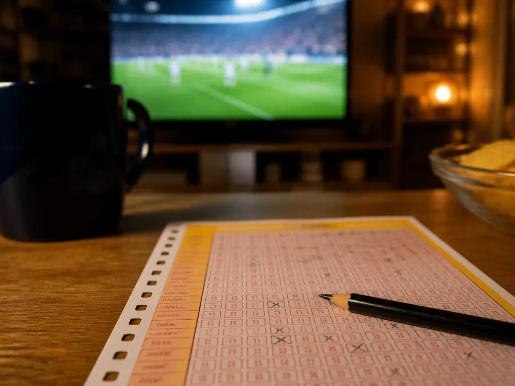Stryktipsett-kupong med blyertspenna på träskrivbord med fotbollsmatch i bakgrunden