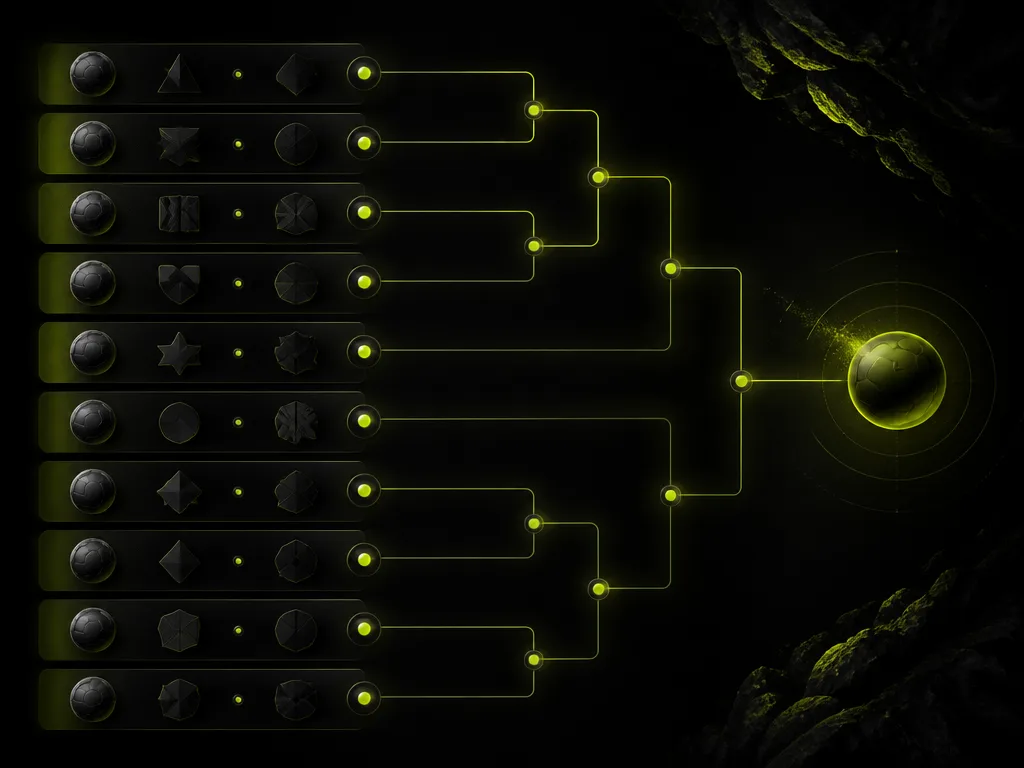 Trädschema med matchrader och förgrenade linjer som bildar ett spelsystem i grönt på svart