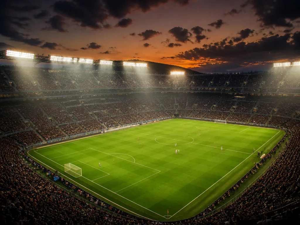 Fotbollsstadion i skymningsljus med grön plan upplyst av strålkastare och spelare på planen