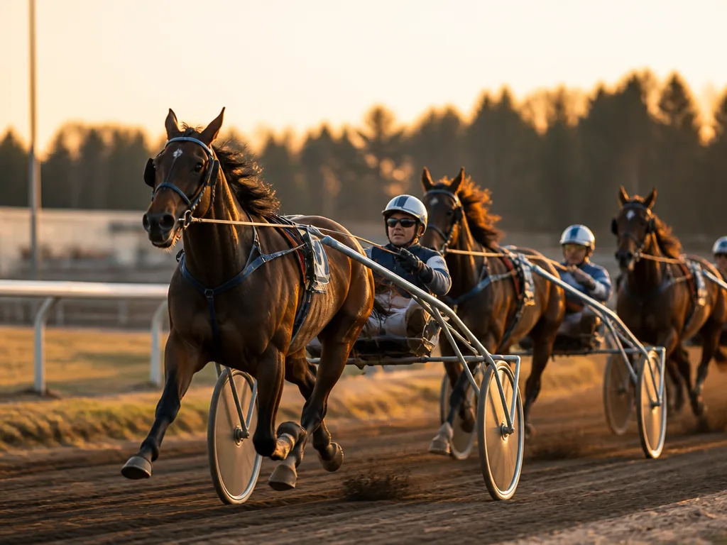 Travhästar med sulkykuskar i fullt trav på en travbana i kvällsljus